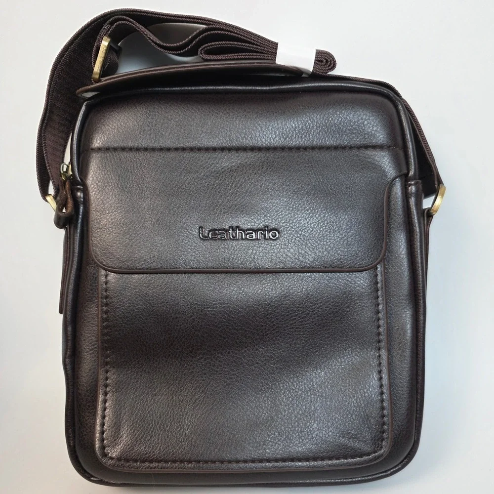 Leathario Mens Vegan‎ Leather Messenger Bag Brown Crossbody Shoulder Travel Bag